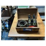 Vintage Wooden Box, Binoculars, Compass