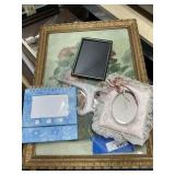 Framed picture, photo albums, organizer, mirror,