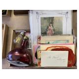 Flat of Vintage Cards, Pictures, and Light Bulbs