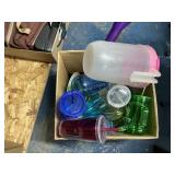 Box of assorted plastic and glass drink-ware
