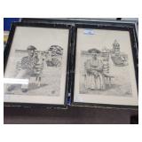 2 vintage pen drawings