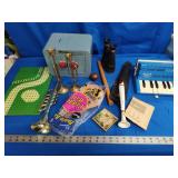 Toy bank, accordion and assorted items