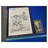 Vintage drawing and metal sign