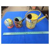 Vintage bank and watering cans