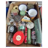 Tins, cups, and assorted vintage items