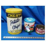 Chesty chips, peanut butter and coffee tins