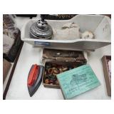 Doll, toy crib, top, carrom pieces, toy iron