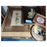 3 framed pictures and doilie