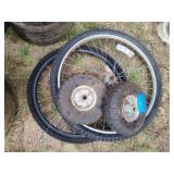 2 cart wheels and 2 bike wheels