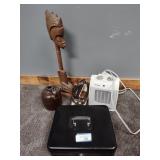 Cash box (no key), heater, iron, and 2 decor items