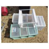 3 plastic bins and shelf