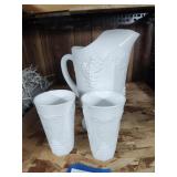 White glass pitcher and 2 glasses
