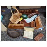 Cast iron tray, games, decor and shelf (needs