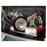 Tote of dishes, pans and assorted items