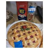 Milk bottle, pie dish and tin