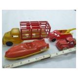 4 plastic toys: auto/boat racer ; stake back candy