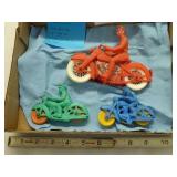 3 rubber Auburn motorcycles: 3-3/4" blue cop ; 6"