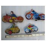4 tin motorcycles:  4" friction (made in Japan) ;