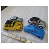4 VW Beetles: blue vinyl Porsche ; small gray hard