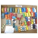 Box of assorted small cars: plastic, die cast & ru