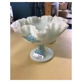 BLUE FENTON PEDESTAL BOWL  (HAS BEEN REPAIRED)