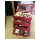 RED JEWELRY BOX AND CONTENTS  SOME STERLING