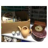 BOX LOT WITH HAT BOX/ CLOCK AND MISC GLASS