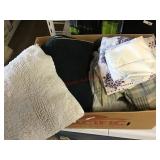 BOX LOT OF SOFT GOODS/ SHEETS BLANKET RUG