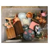 Tote of glassware and wood trinket boxes