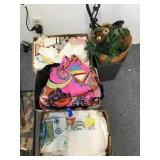 2 Boxes of old linens/ tote bag/ wicker basket