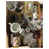 Flat of glass  tea pot/ figurine/ vases and misc.