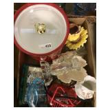 Flat with ice bucket/ blue dish/ fan and misc.