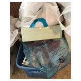 Blue tote of holiday decorations