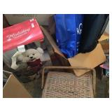 Box of sewing notions/ fabric and Dog holiday