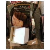Box w/ Softball glove/ Old color book and misc.