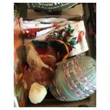 Box lot with Kitchen towels and misc. decor