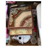 Box with birdhouse / candle sticks and misc.