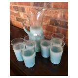 Frosted blue glass pitcher with 6 glasses