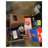 Box lot w/ curling iron/  iron/ glasses and misc.