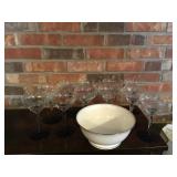 Blue base Wine glasses and Lenox serving bowl