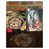 Glass serving dish and 2 decorative plates