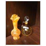 Amber crackle glass cruet/ Orange art glass vase