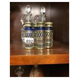 Blue glass salt and peppers in silver plate