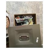 Box lot office items/ pens/ labels/ file box
