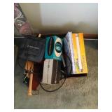 Box lot w/ dusters/ book/ shoe brush and misc.
