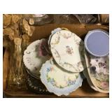 Flat of old plates/ yellow vase/ misc. glass
