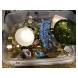 Tote with green bowl/ brass decor. misc glass