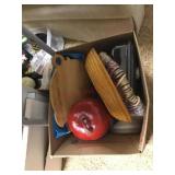 Box w/ pig cutting board/ apple/ basket and misc.