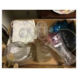 Flat w/ clear glass dishes/ Crystal vase/ blue