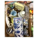 Flat of glass/ snowman/ vase/ clock and misc.